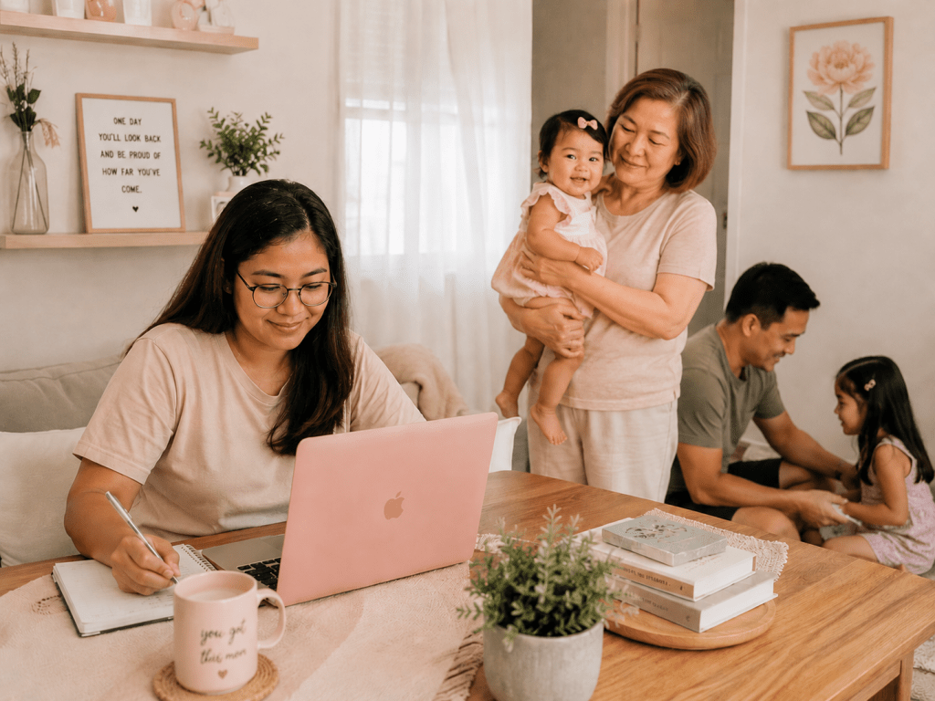 A Work From Home Mom Working with Support From Husband and Her Mom