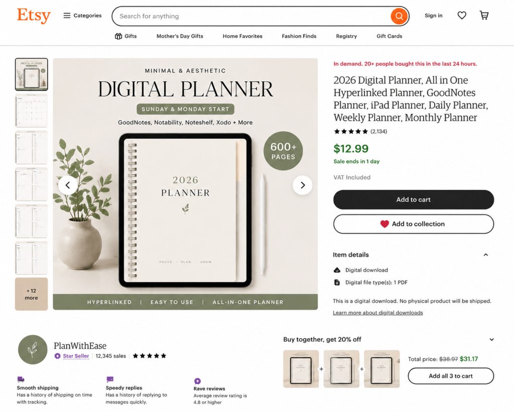Etsy Listing of a Digital Planner Created By A Mom Who Sells Digital Products