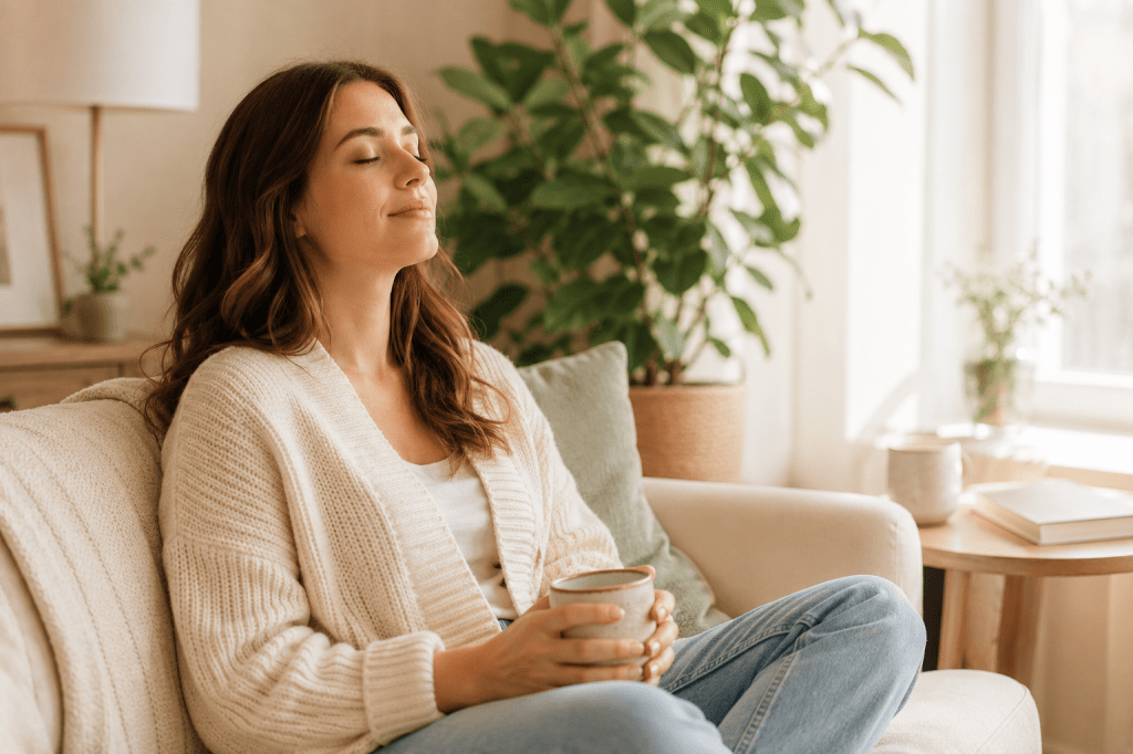 mom taking a break to avoid burnout while working from home — self-care routine