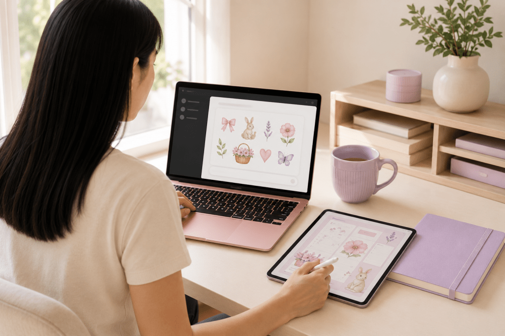 Mom creating digital products for her Etsy shop using AI, generating watercolor clip art on a laptop while designing printable templates on a tablet in a minimalist home office.